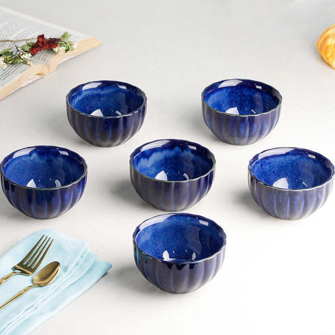Blue Ribbed Ceramic Bowl Set of 6, 320ML